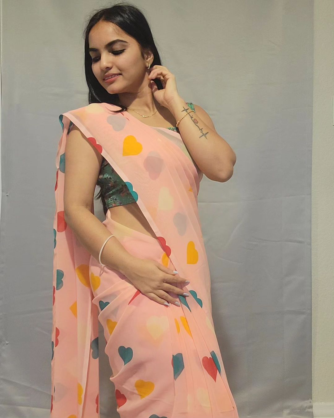 Multi Heart Design Ready To Wear Peach Saree