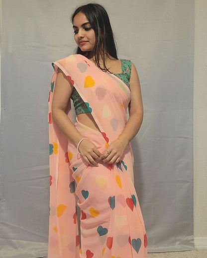 Multi Heart Design Ready To Wear Peach Saree