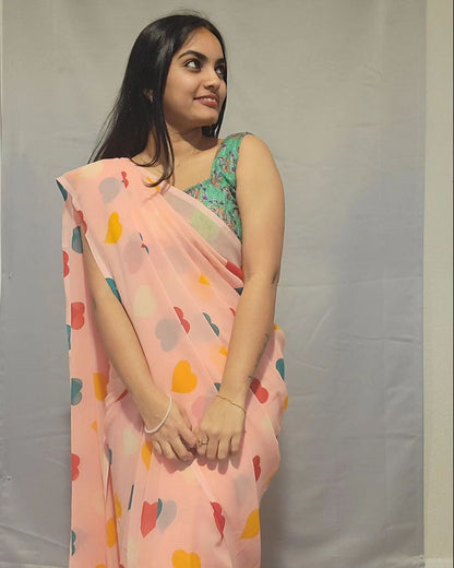 Multi Heart Design Ready To Wear Peach Saree