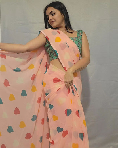 Multi Heart Design Ready To Wear Peach Saree