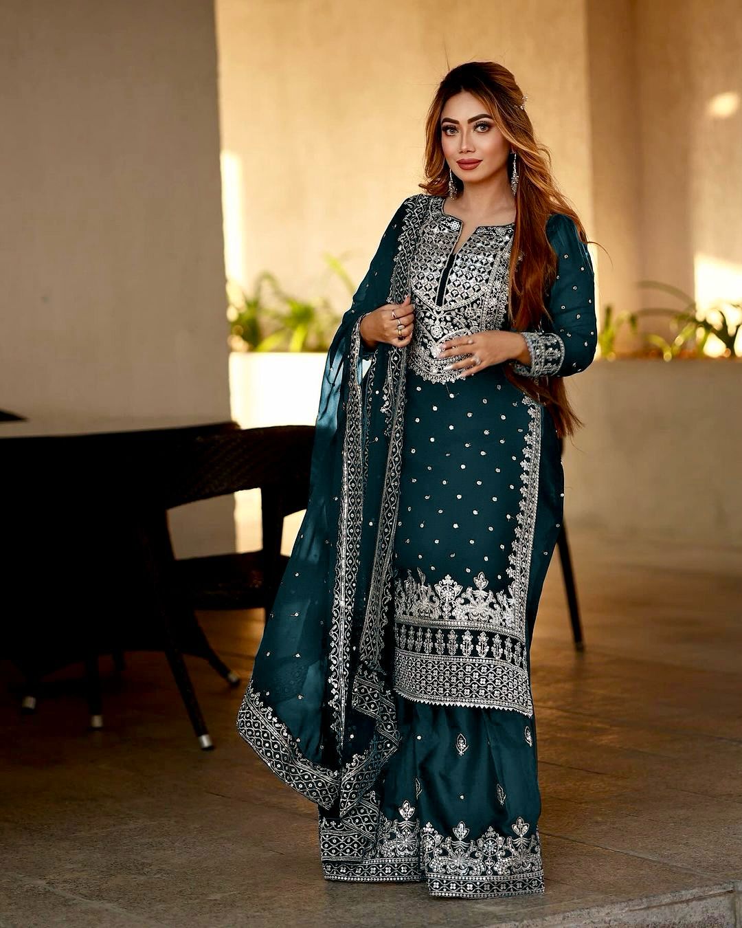 Captivating Work Teal Blue Color Party Wear Sharara Suit