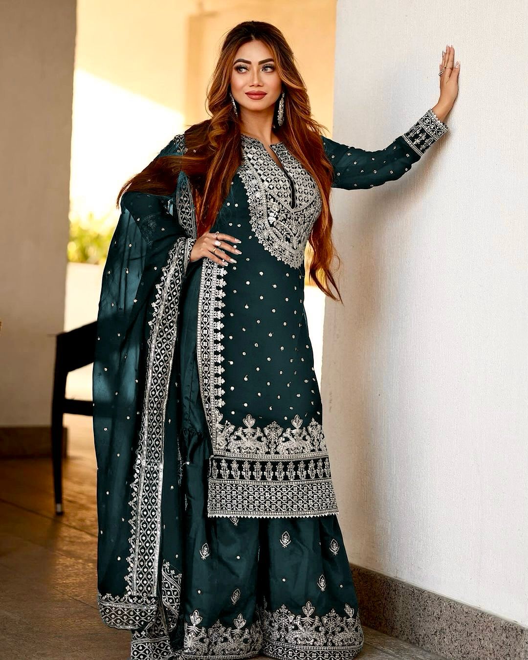 Captivating Work Teal Blue Color Party Wear Sharara Suit