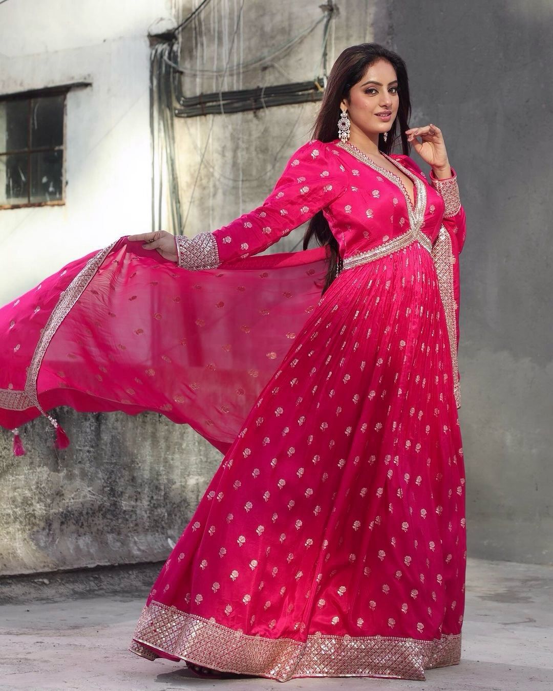 Celebrity Style Pink Color Long Anarkali Gown