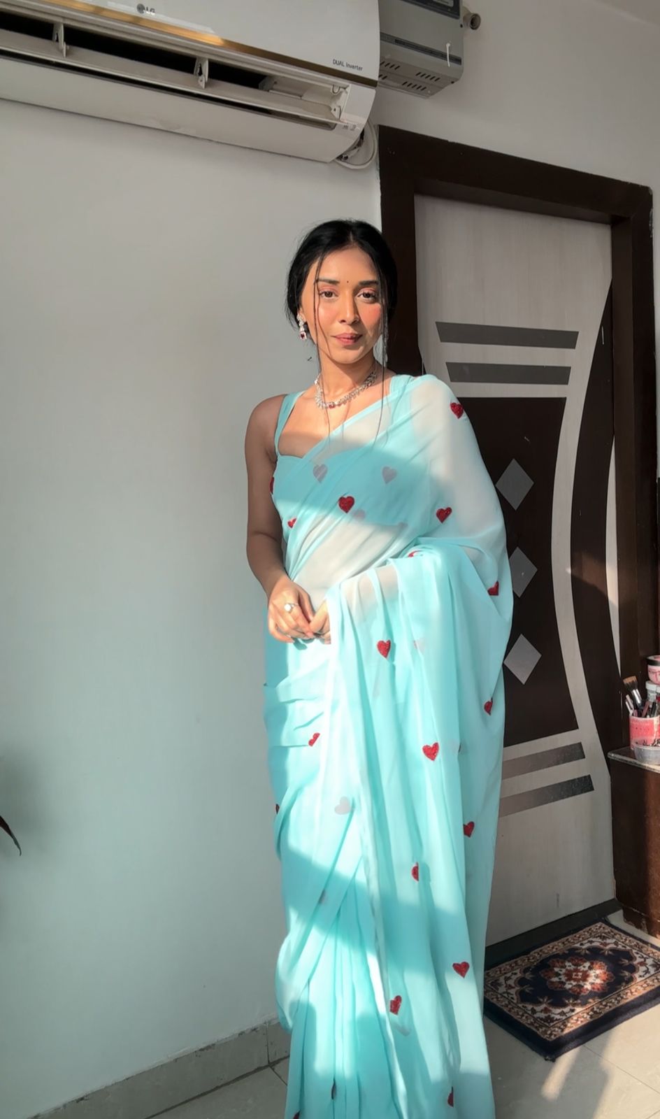 Heart Design Ready To Wear Sky Blue Color Saree