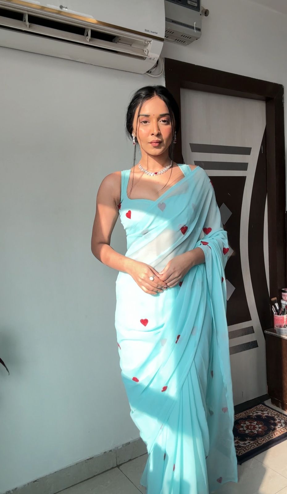 Heart Design Ready To Wear Sky Blue Color Saree