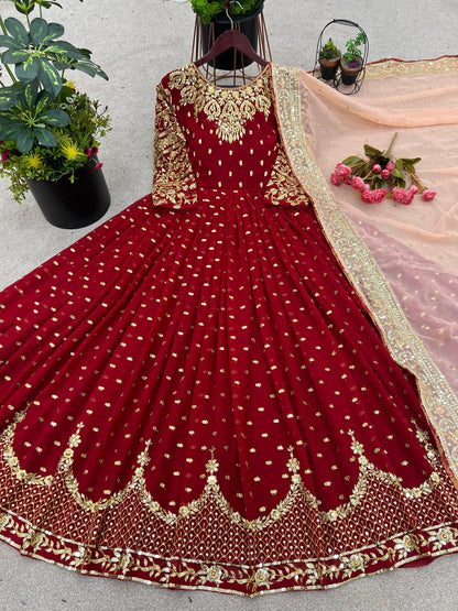 Wedding Maroon Color Embroidery  Work Gown