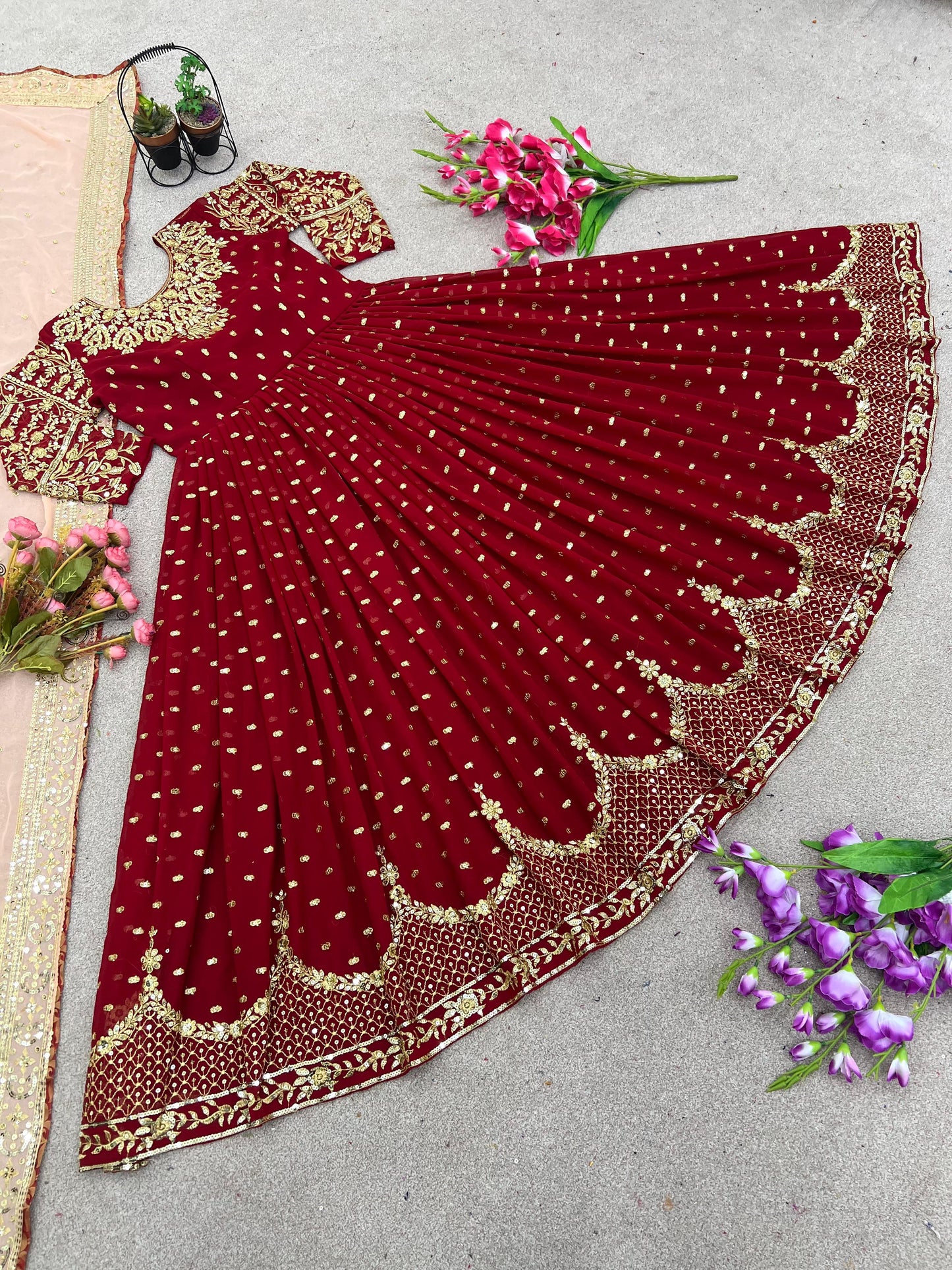 Wedding Maroon Color Embroidery  Work Gown