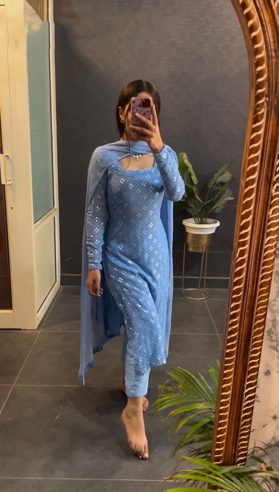 Shining Sequence With Thread Work Sky Blue Kurti Pant With Dupatta