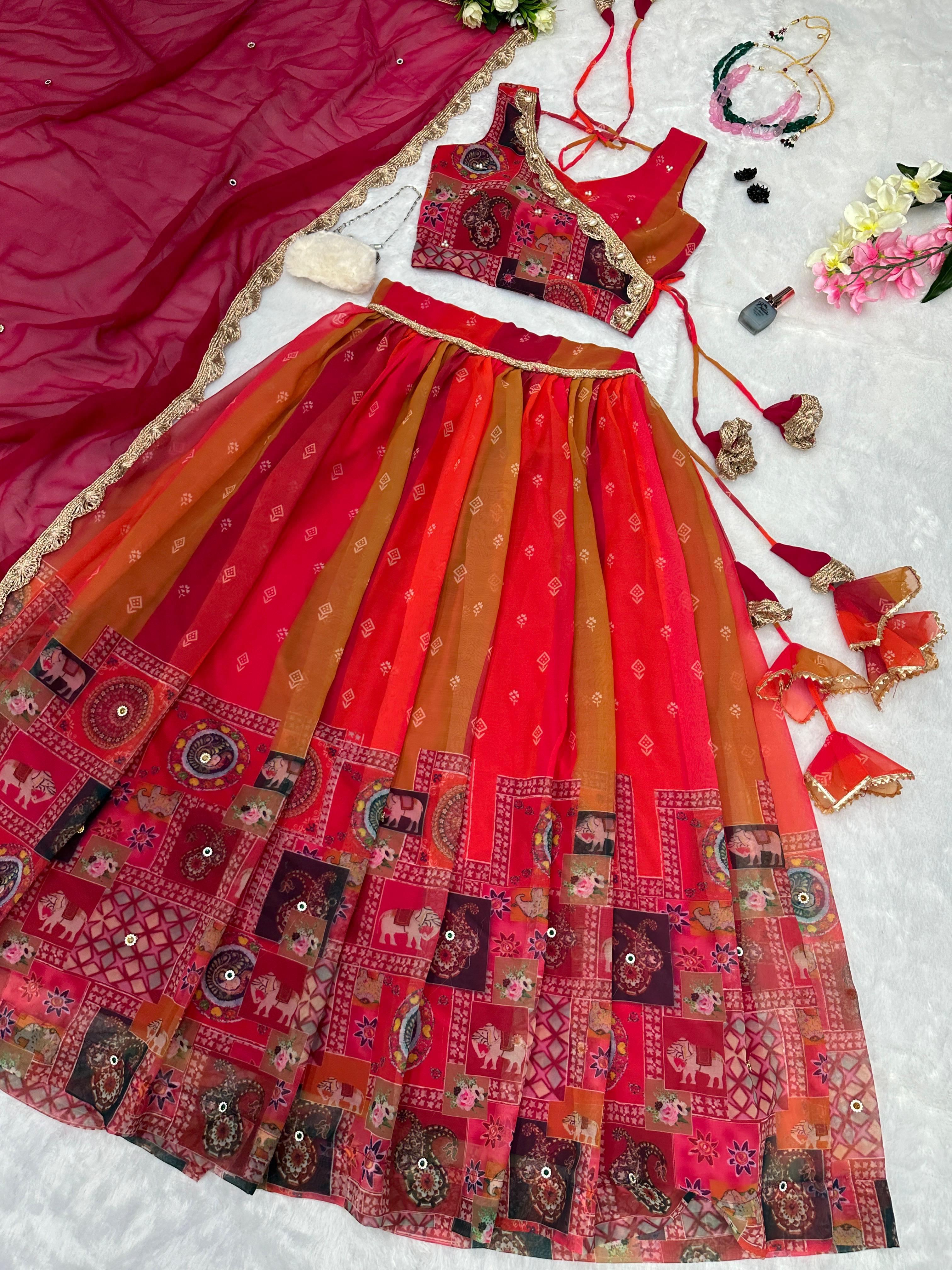 Multi Design Mustered With Red Color Lehenga Choli