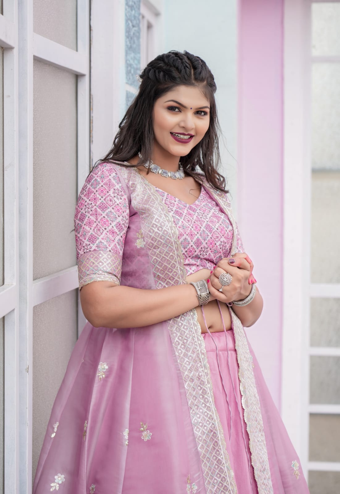 Pink Color Indowestern Embroidery Work Lehenga Choli With Shrug