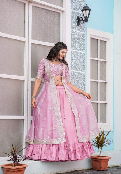 Pink Color Indowestern Embroidery Work Lehenga Choli With Shrug