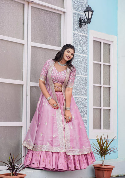 Pink Color Indowestern Embroidery Work Lehenga Choli With Shrug