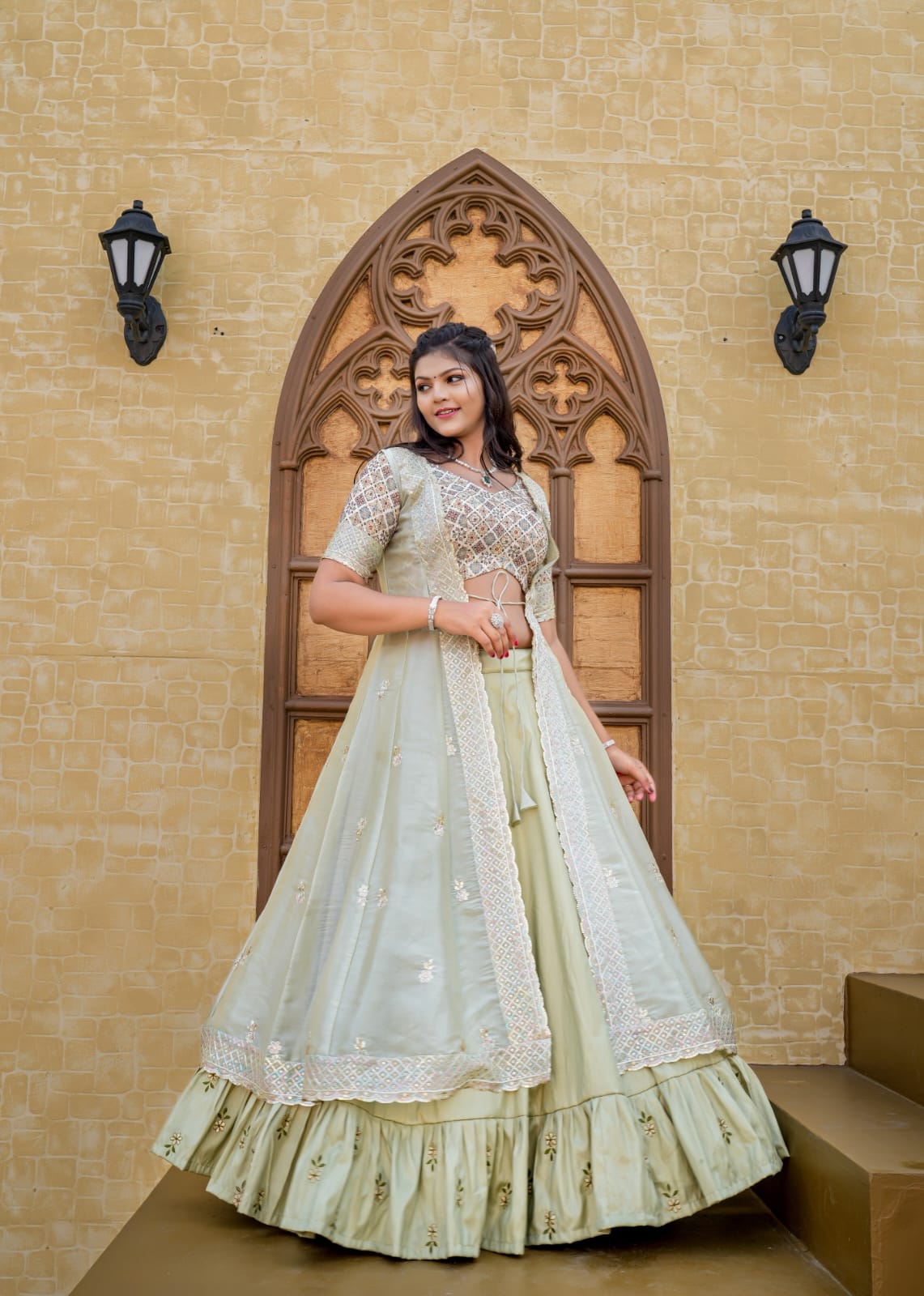 Pista Color Indowestern Embroidery Work Lehenga Choli With Shrug