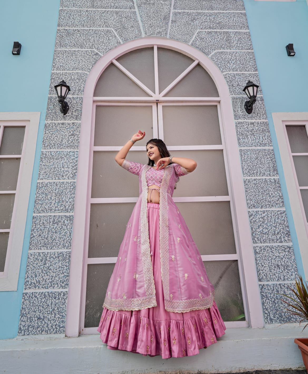 Pink Color Indowestern Embroidery Work Lehenga Choli With Shrug