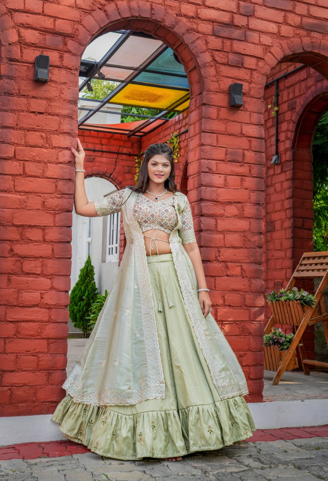 Pista Color Indowestern Embroidery Work Lehenga Choli With Shrug