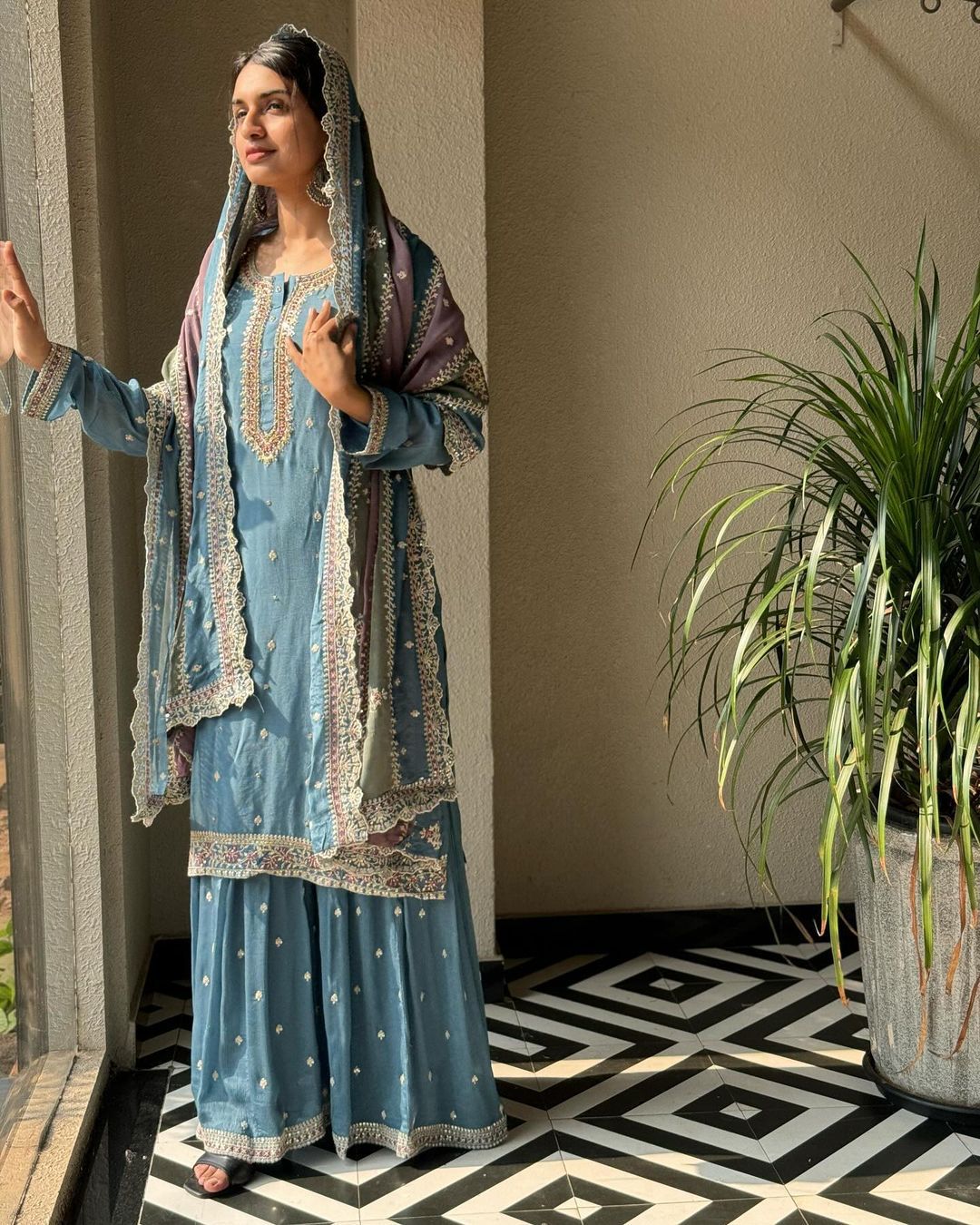 Embroidery Work Sky Blue Sharara Suit With Multi Color Dupatta