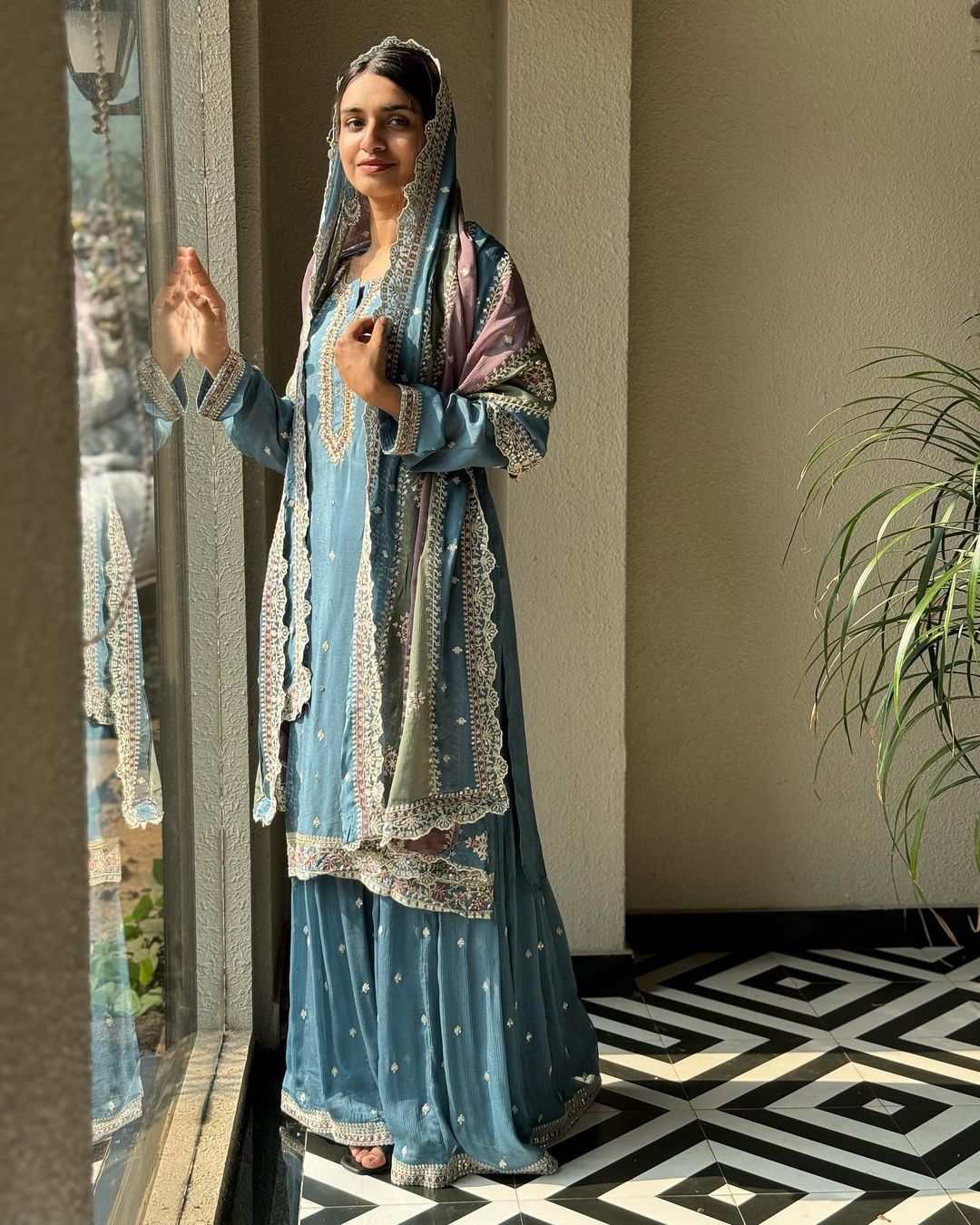 Embroidery Work Sky Blue Sharara Suit With Multi Color Dupatta