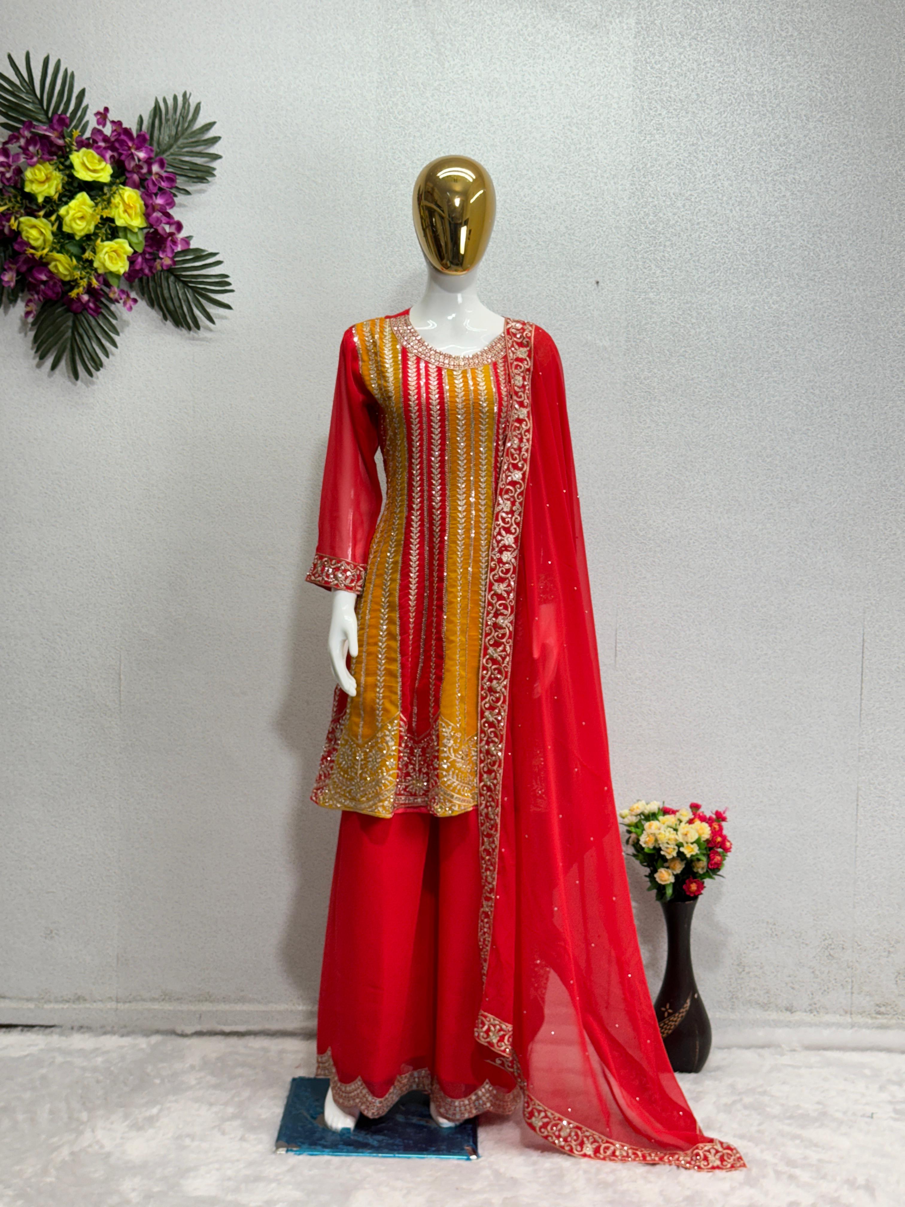 Fabulous Heavy Embroidery Sequence Work Red Sharara Suit