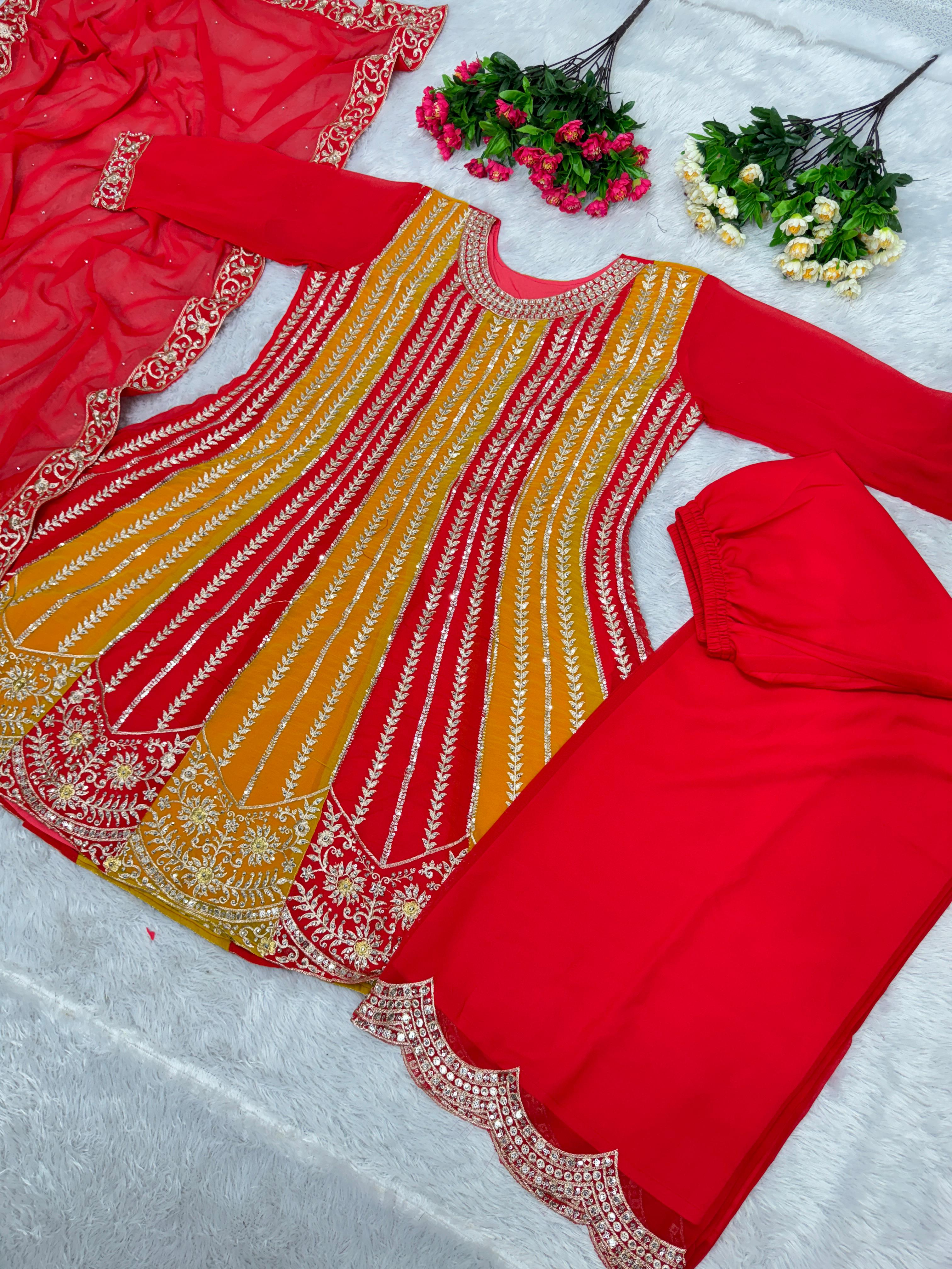 Fabulous Heavy Embroidery Sequence Work Red Sharara Suit