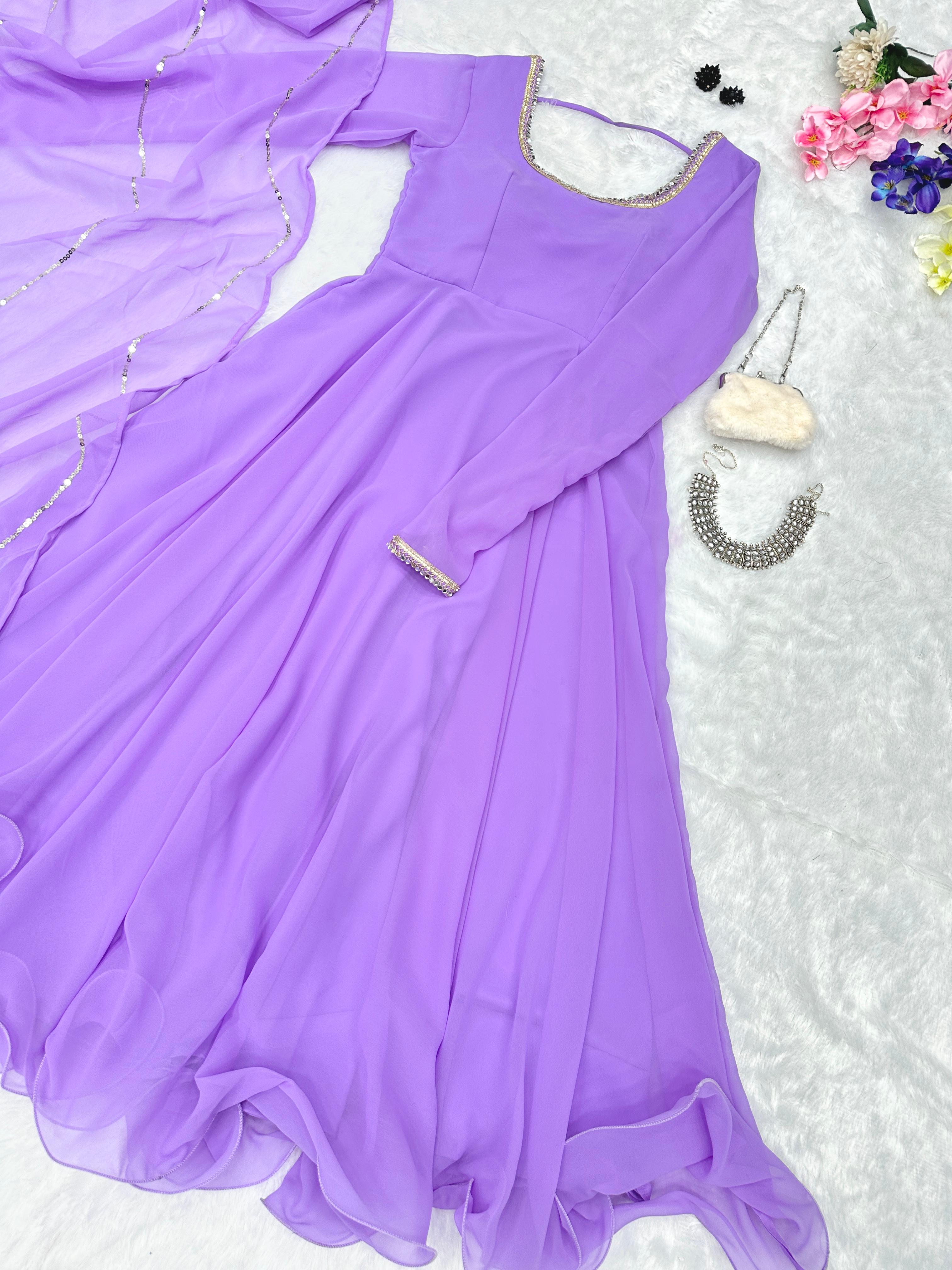 Stylish Lavender Color Lace Border Anarkali Gown