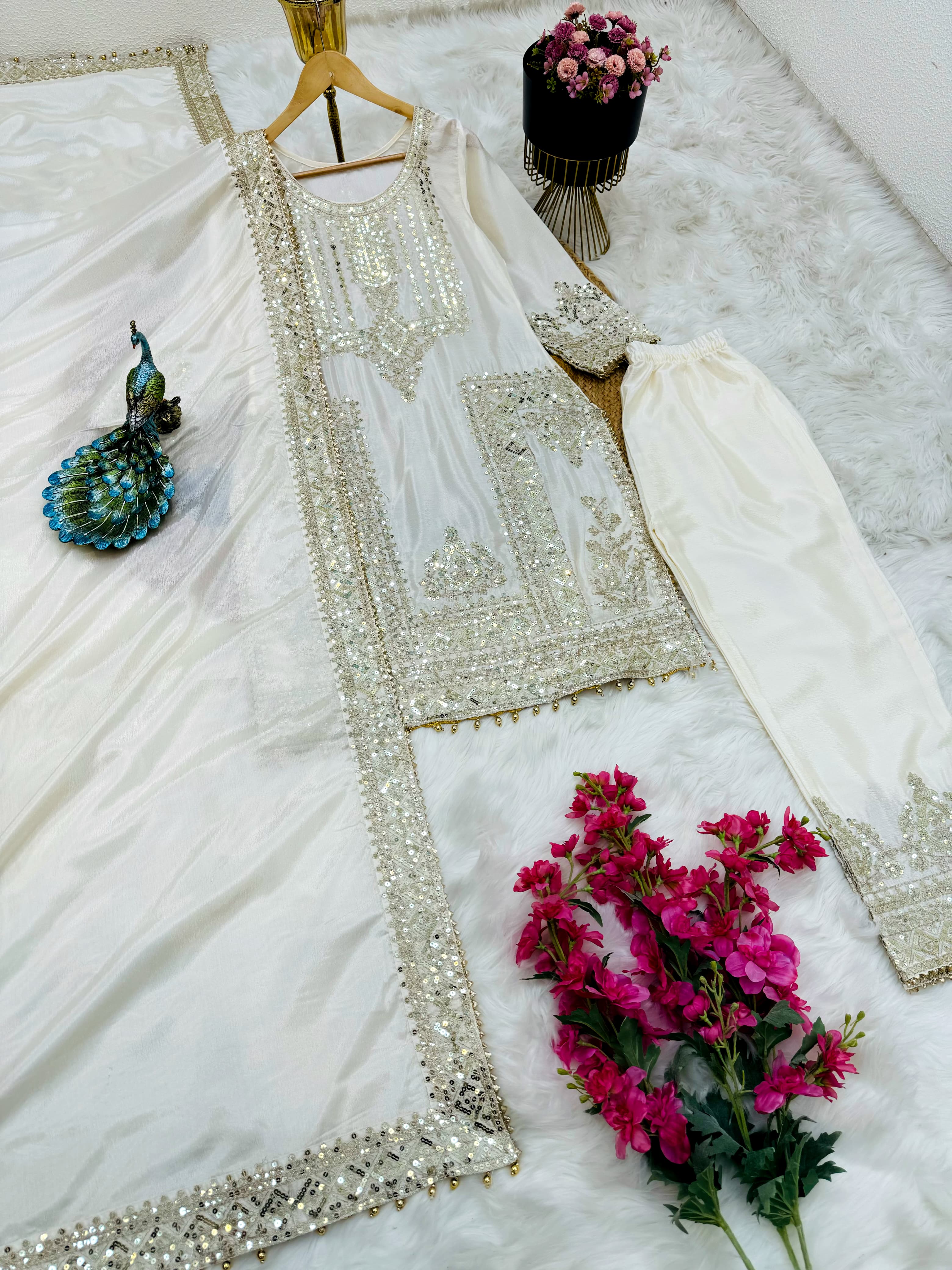 Decent Embroidery Sequence Coding Work White Salwar Suit