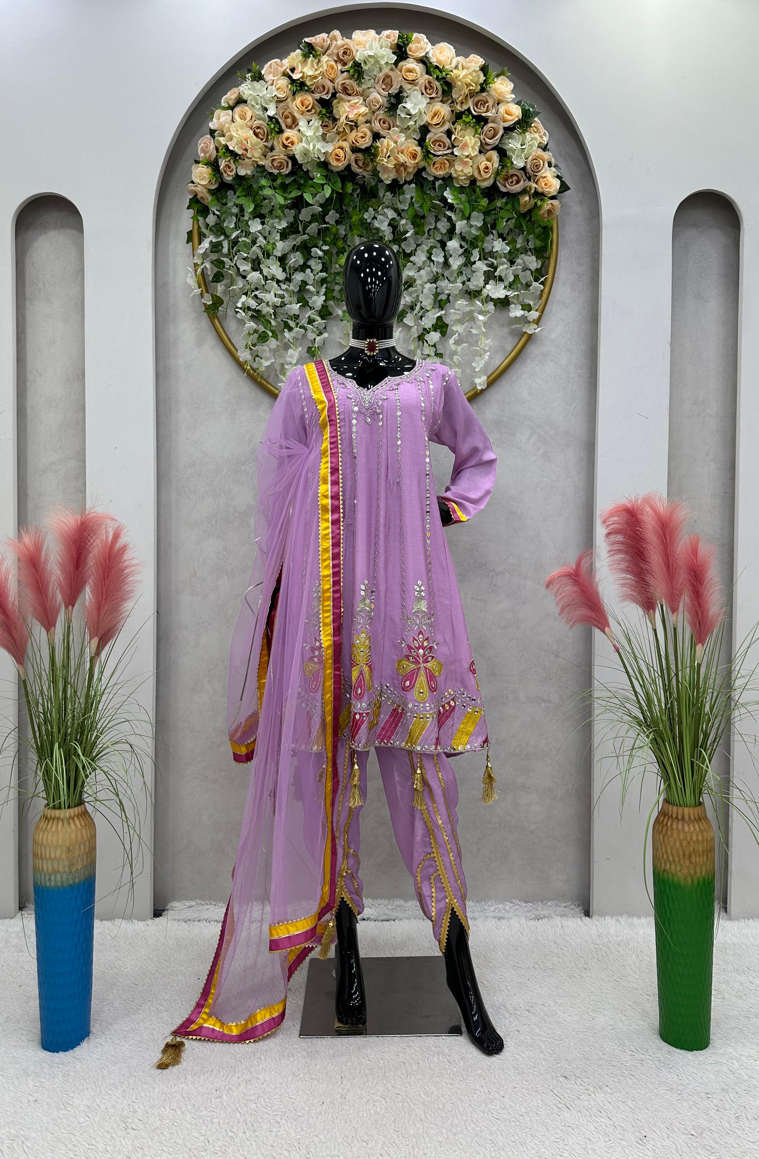 Party Wear Look Thread Work Lavender Dhoti Suit