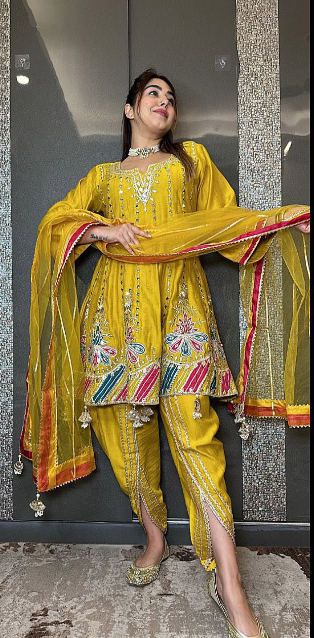 Party Wear Look Thread Work Yellow Dhoti Suit