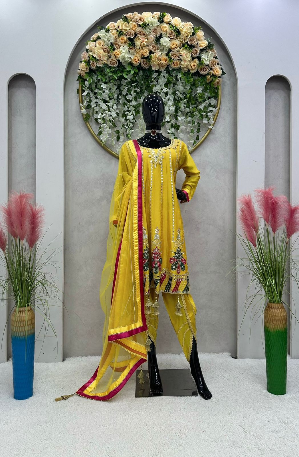 Party Wear Look Thread Work Yellow Dhoti Suit