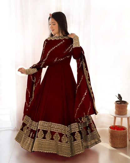 Wedding Wear Maroon Embroidery Sequence Work Gown