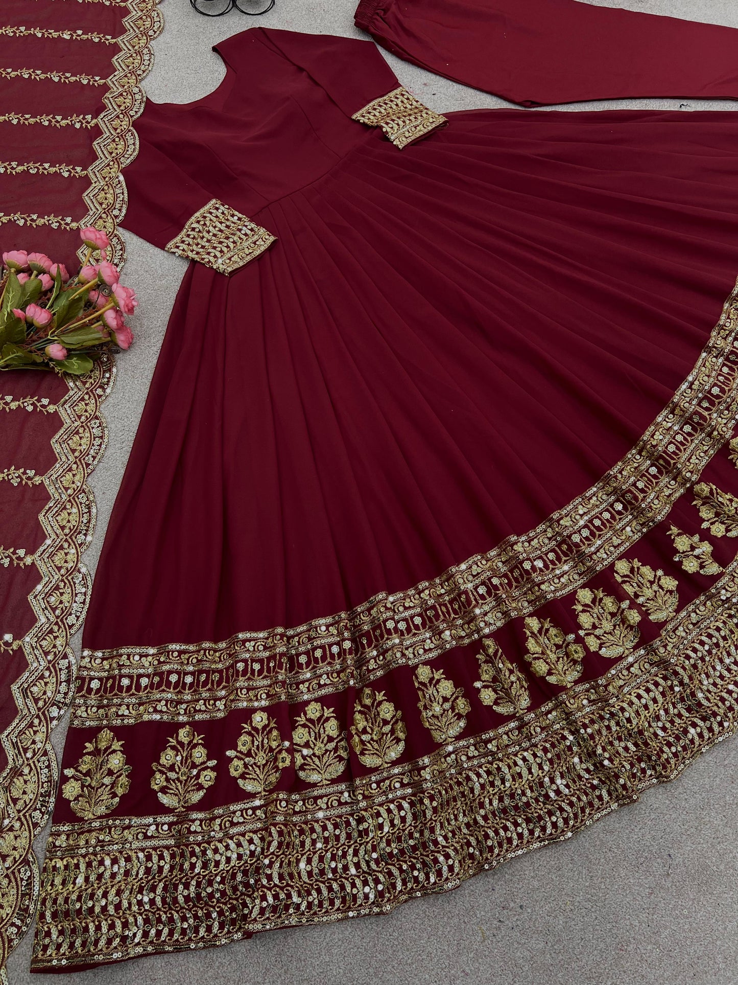 Wedding Wear Maroon Embroidery Sequence Work Gown
