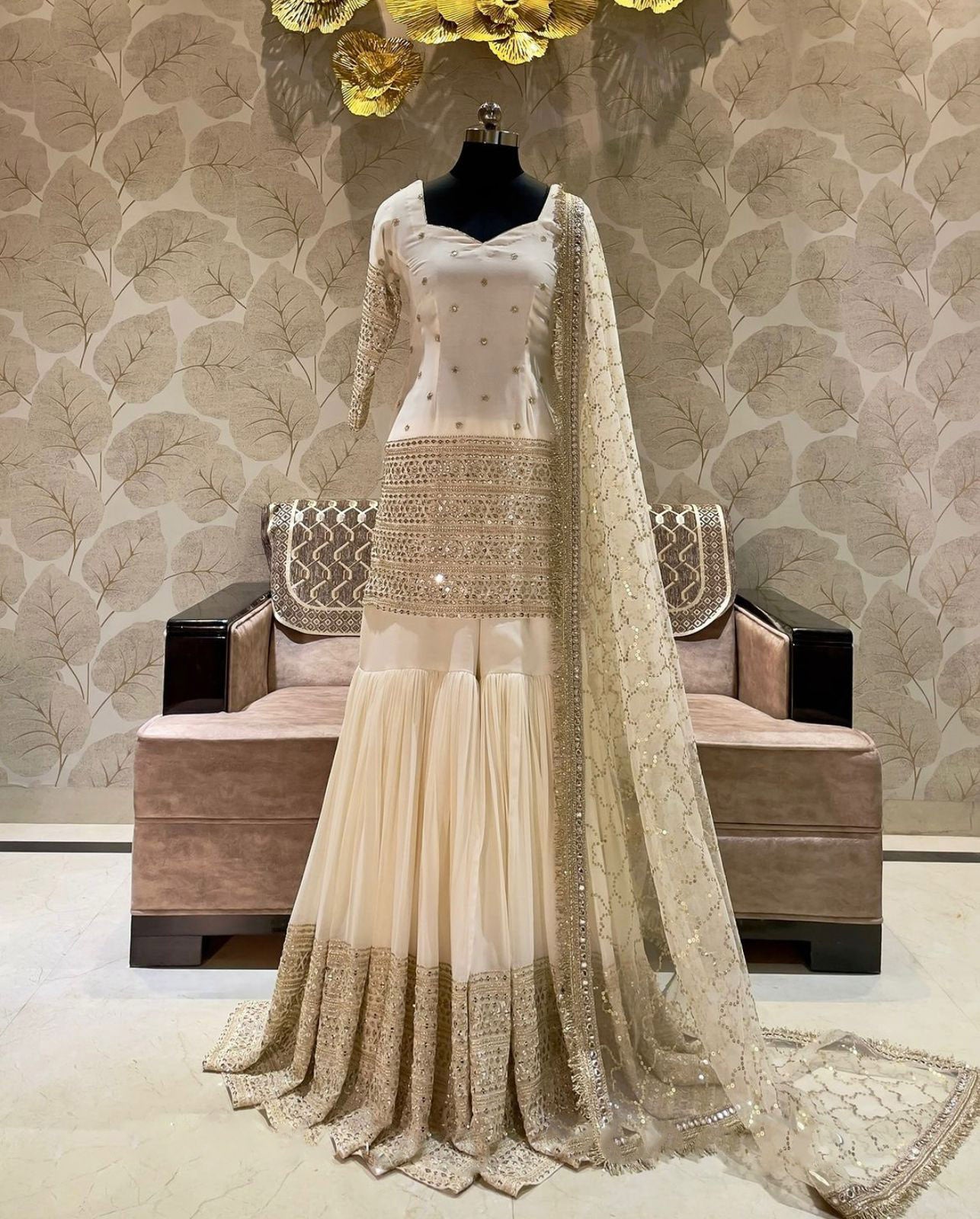 Glimmering White Color Sequence Work Sharara Suit