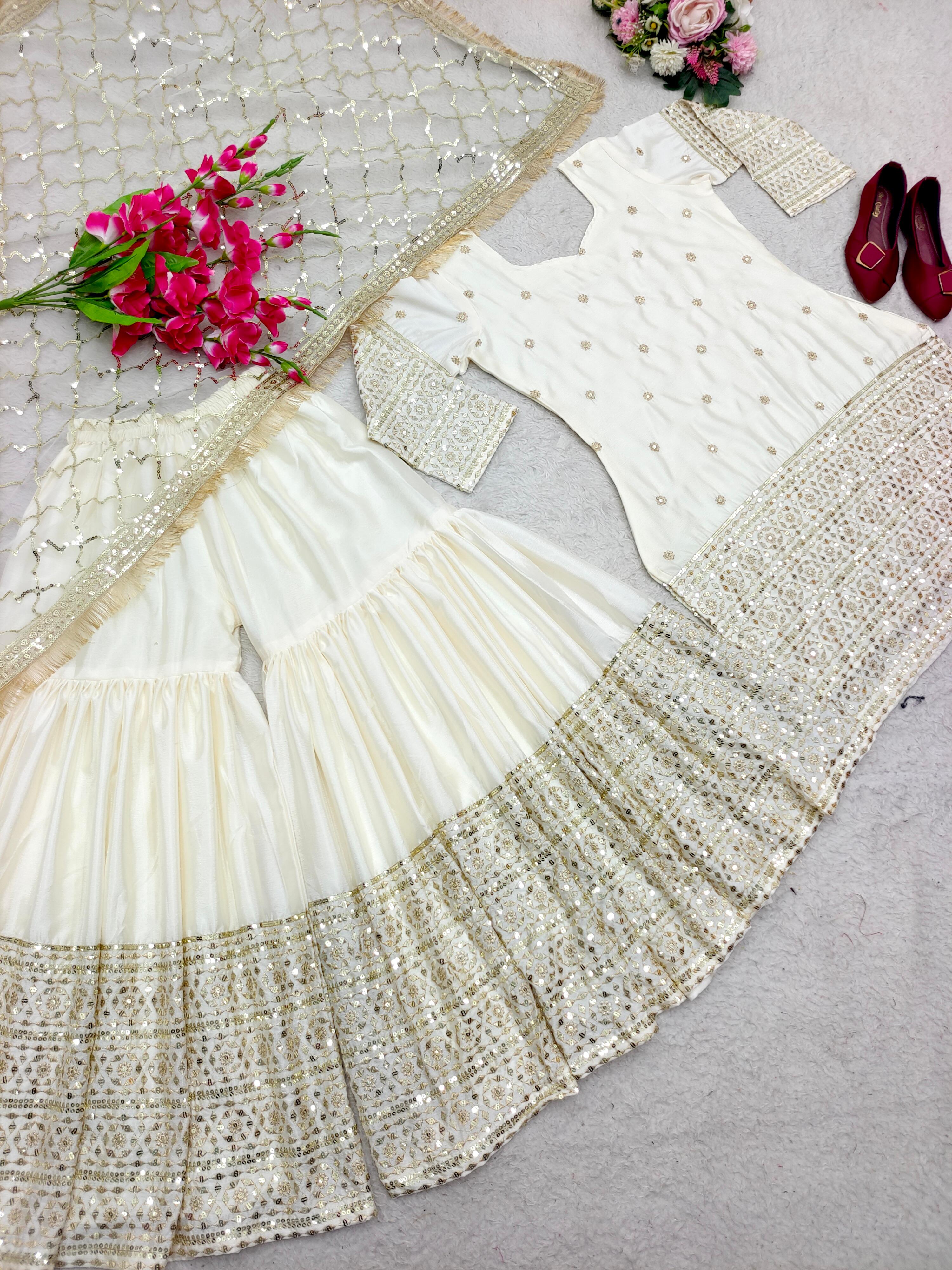 Glimmering White Color Sequence Work Sharara Suit