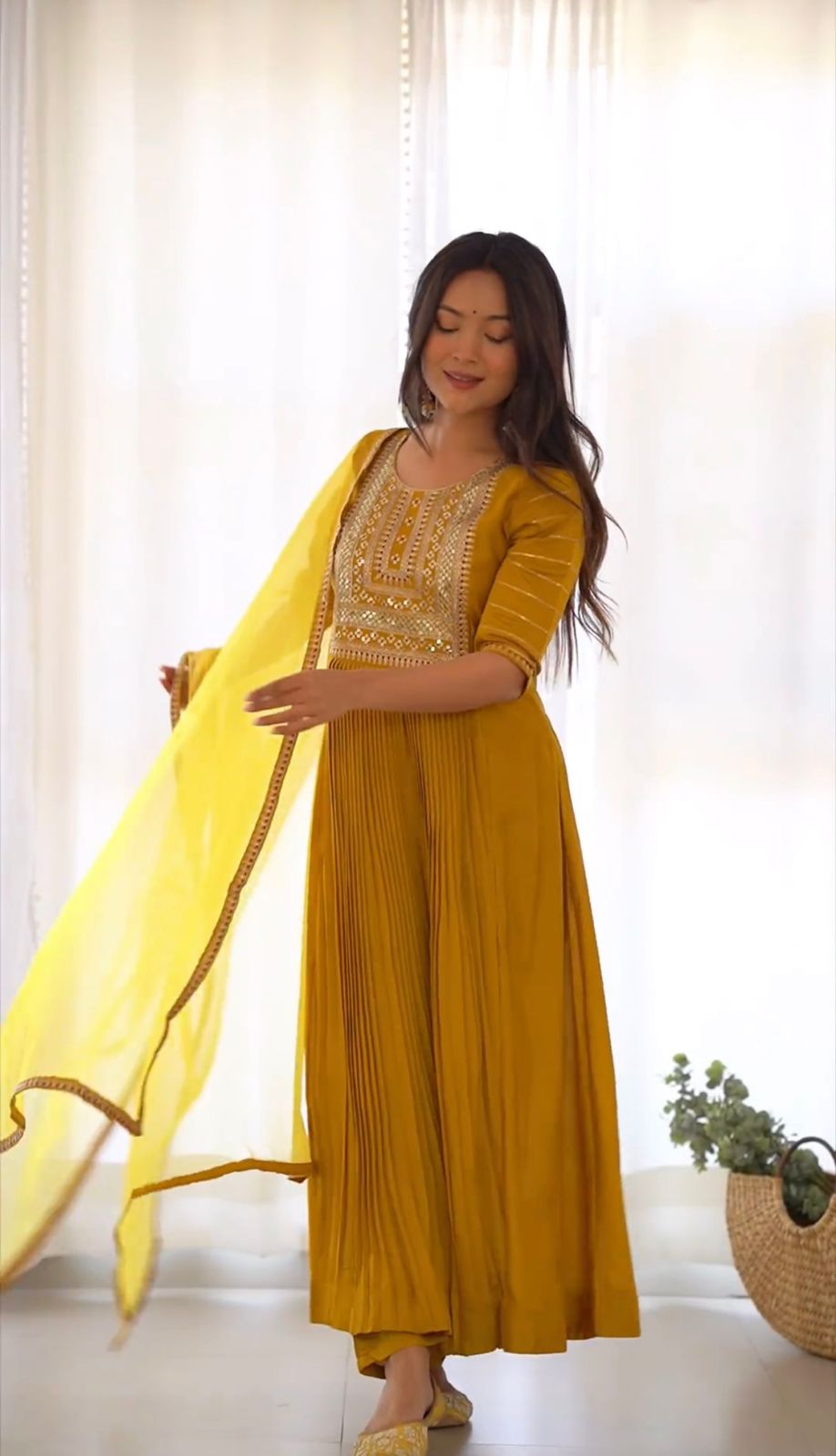 Mustard Yellow Color Sequence Embroidery Work Gown