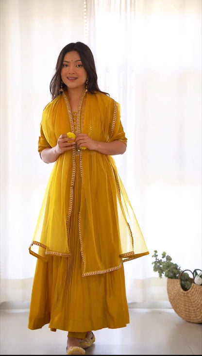 Mustard Yellow Color Sequence Embroidery Work Gown