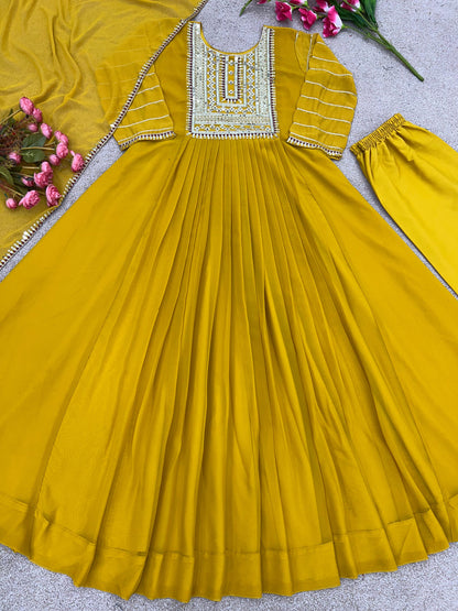 Mustard Yellow Color Sequence Embroidery Work Gown