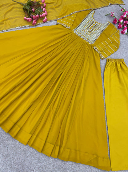 Mustard Yellow Color Sequence Embroidery Work Gown