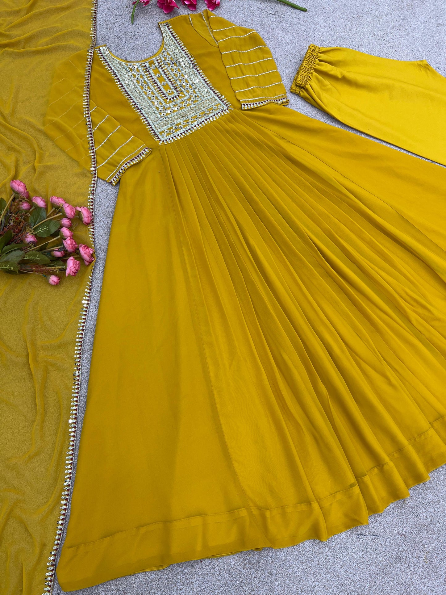 Mustard Yellow Color Sequence Embroidery Work Gown