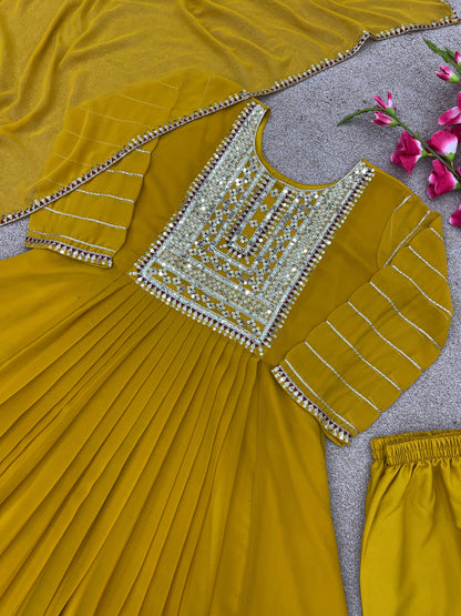 Mustard Yellow Color Sequence Embroidery Work Gown