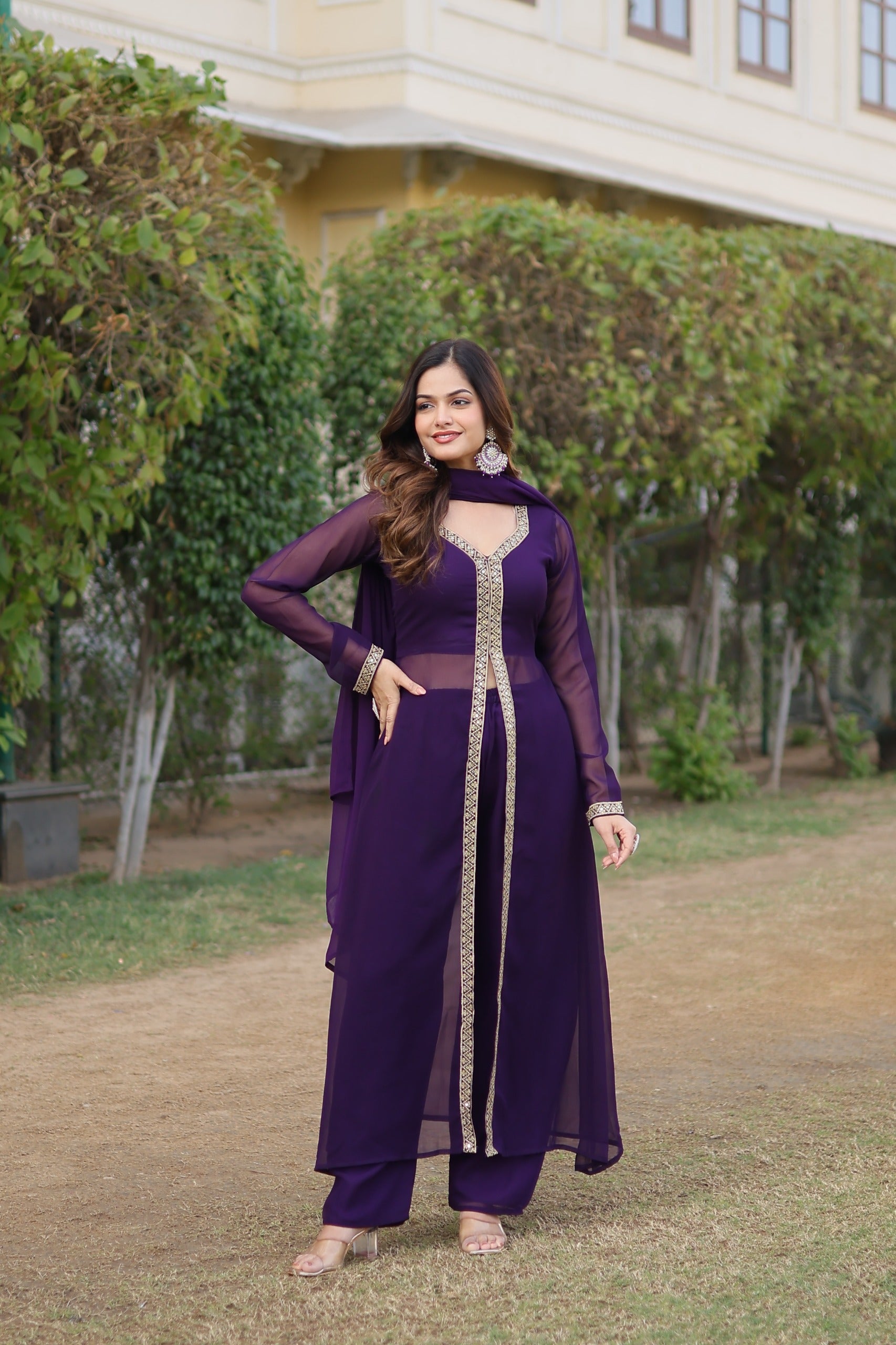 Impressive Embroidery Work Front Cut Purple Anarkali Suit