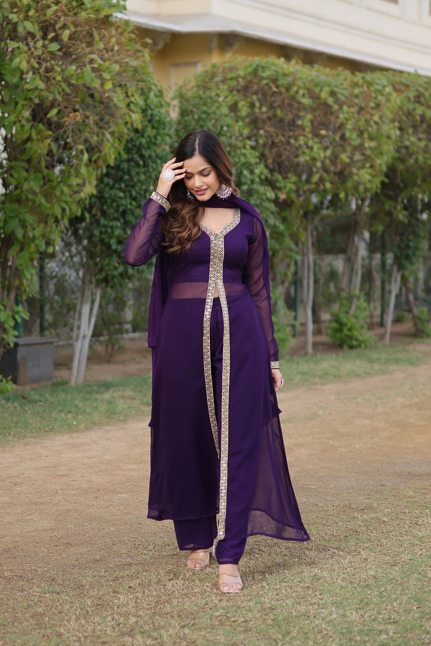 Impressive Embroidery Work Front Cut Purple Anarkali Suit