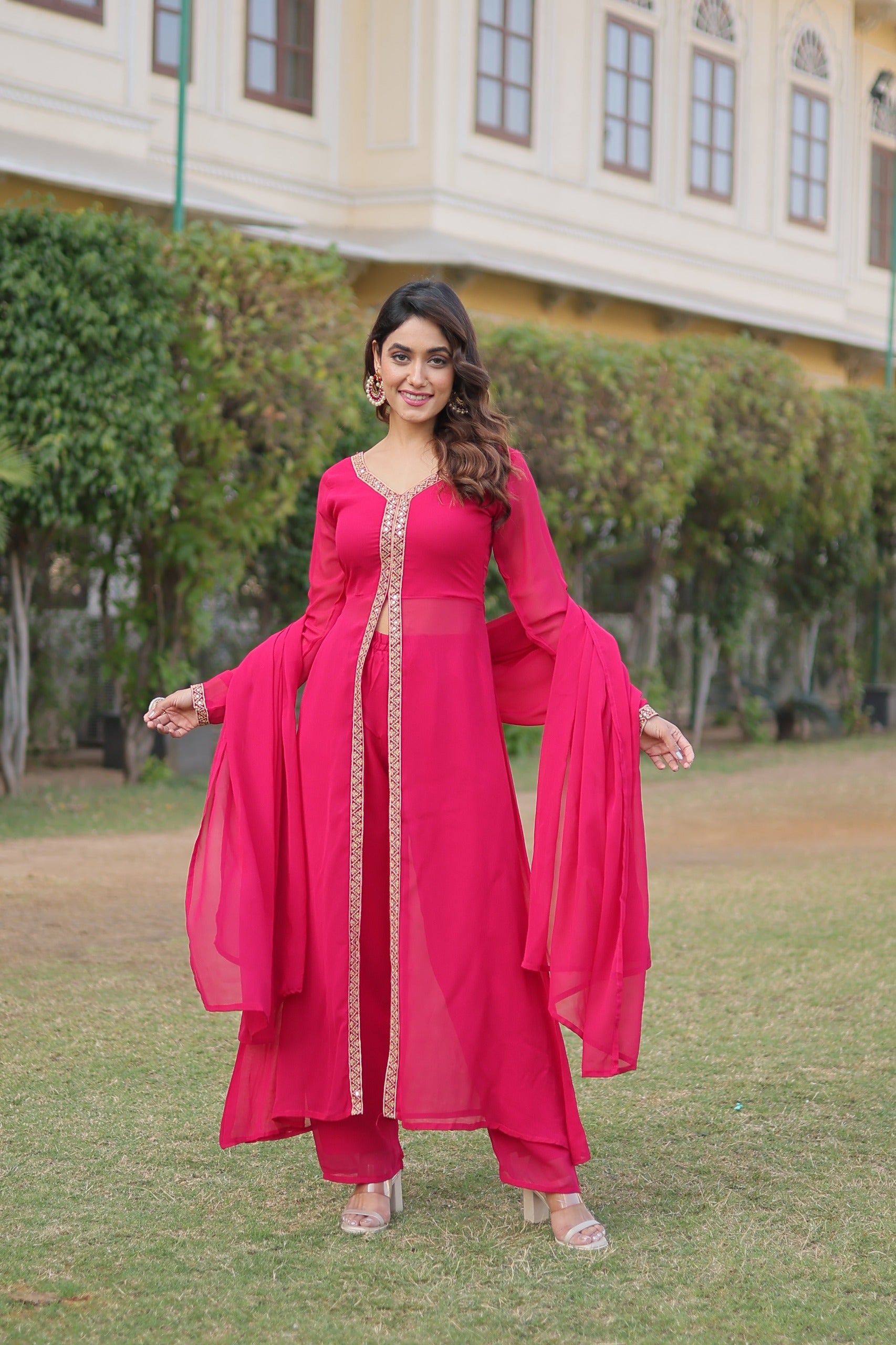 Impressive Embroidery Work Front Cut Pink Anarkali Suit