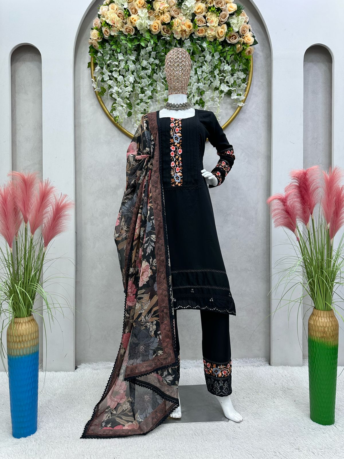 Trendy Thread Lace Border Work Black Color Salwar Suit