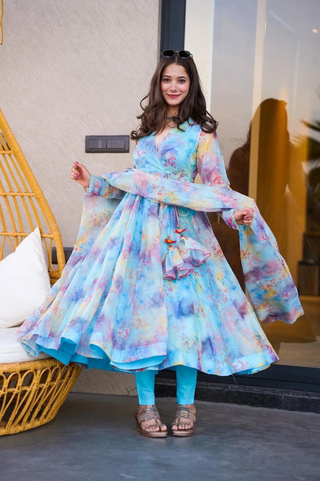 Summer Wear Sky Blue Digital Print Anarkali Suit