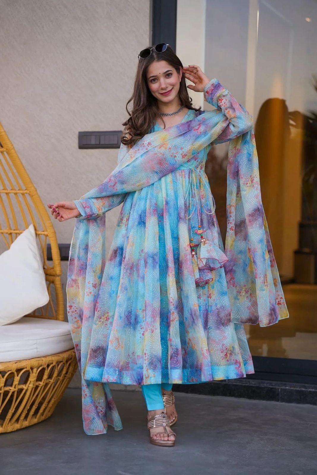 Summer Wear Sky Blue Digital Print Anarkali Suit