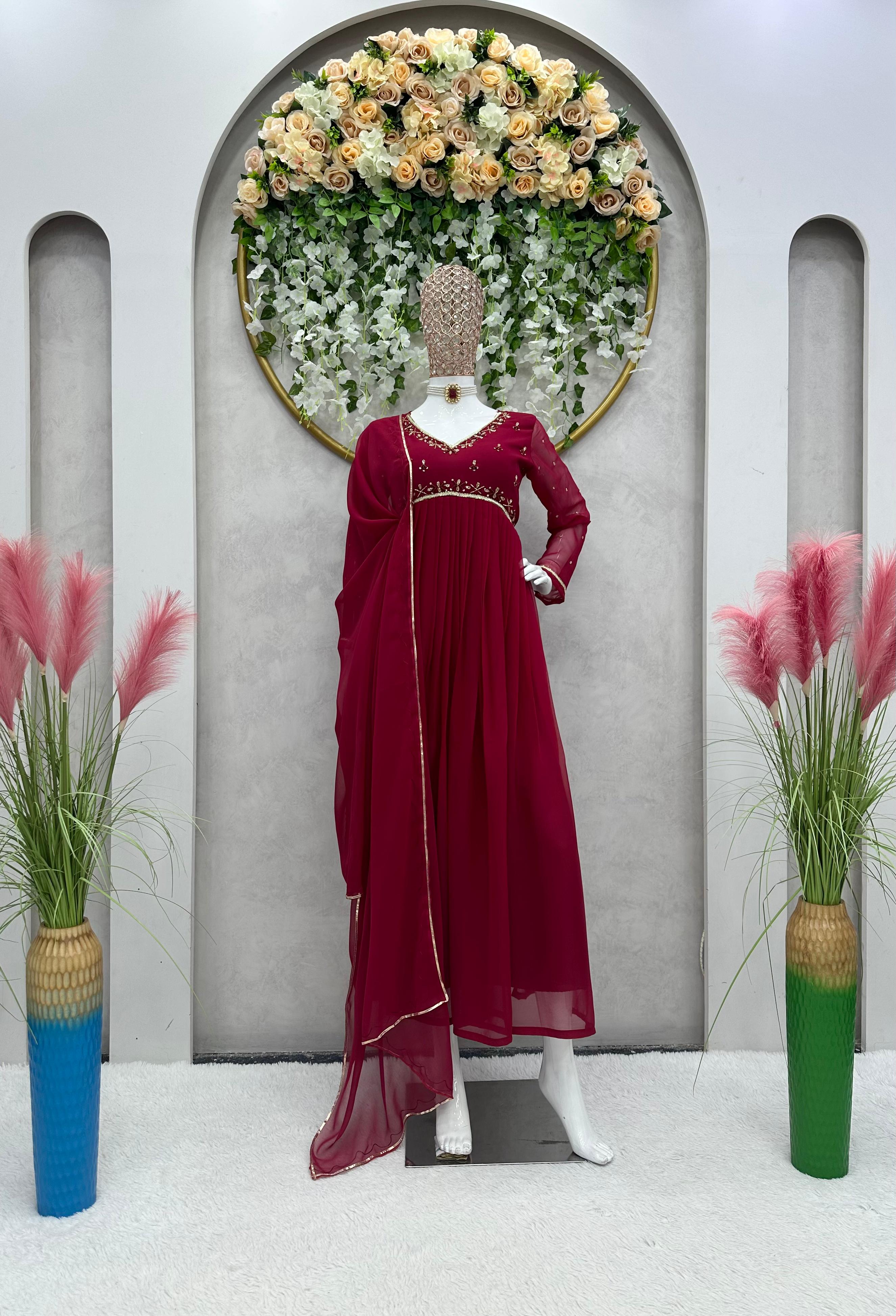 Occasion Wear Hand Work Maroon Color Anarkali Gown