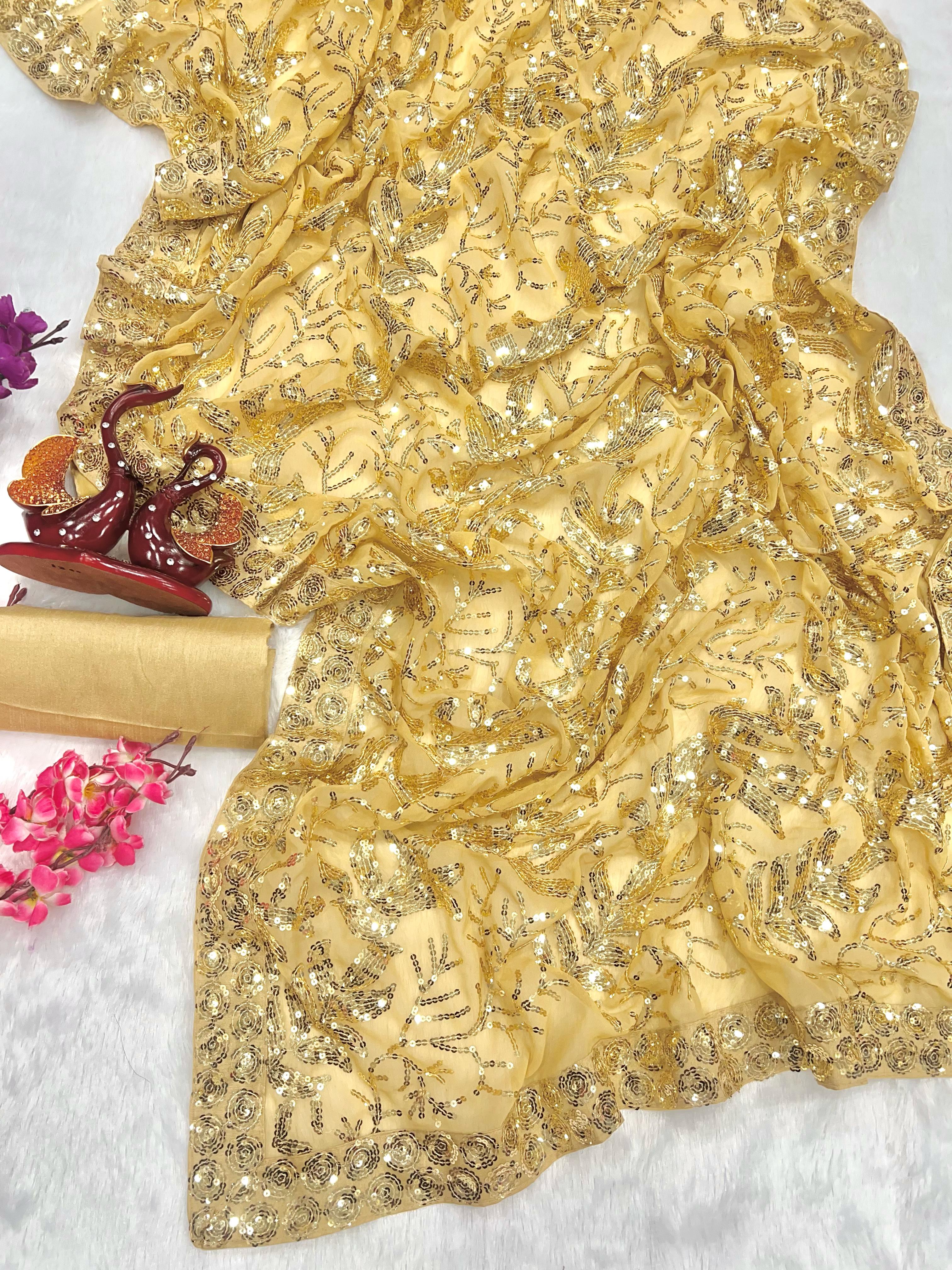 Stunning Beige Color Sequence Work Saree