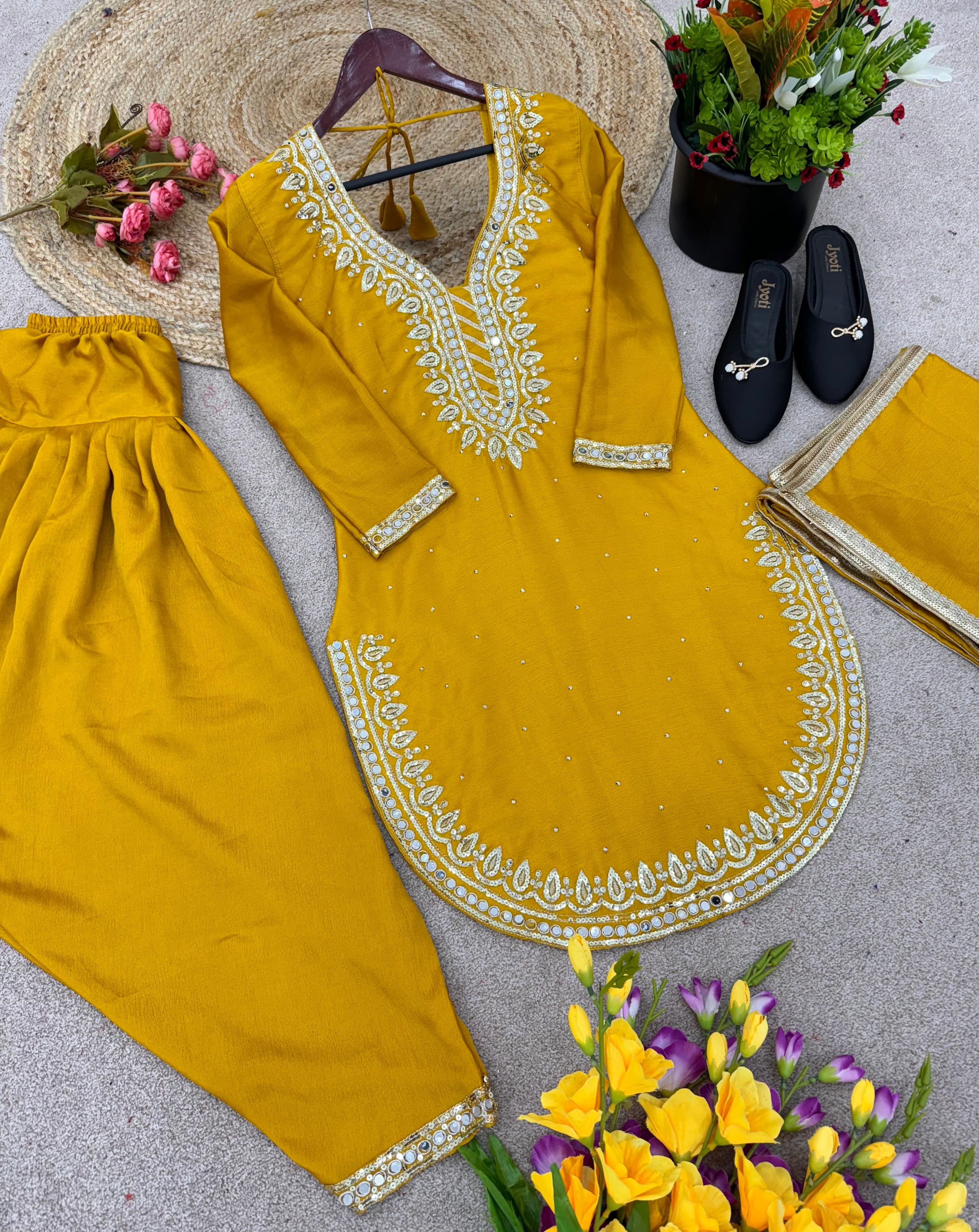 Fashionable Round Cut Yellow Color Dhoti Suit