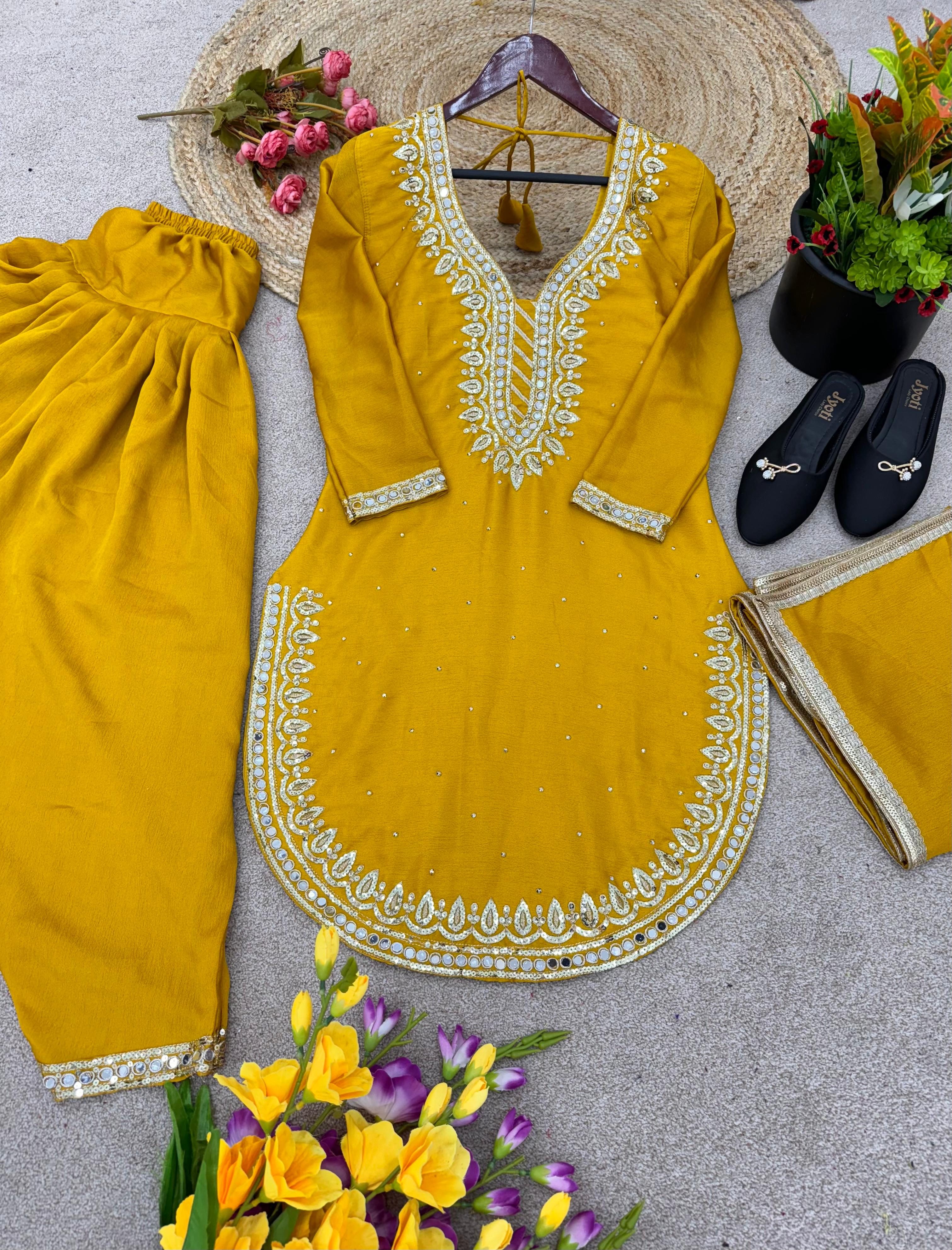 Fashionable Round Cut Yellow Color Dhoti Suit