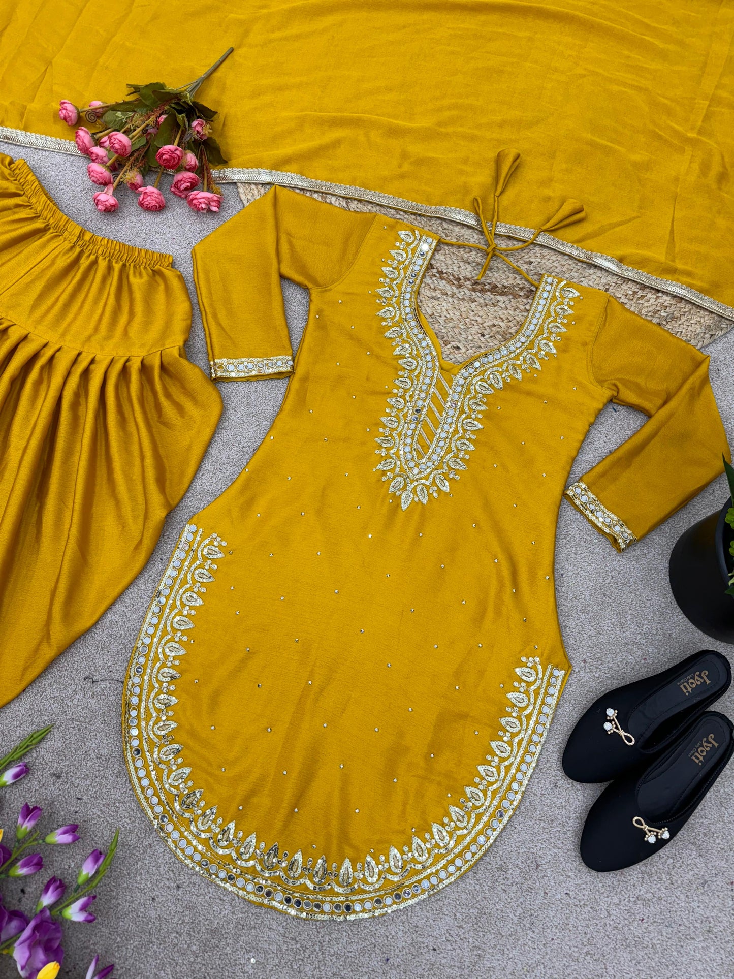 Fashionable Round Cut Yellow Color Dhoti Suit