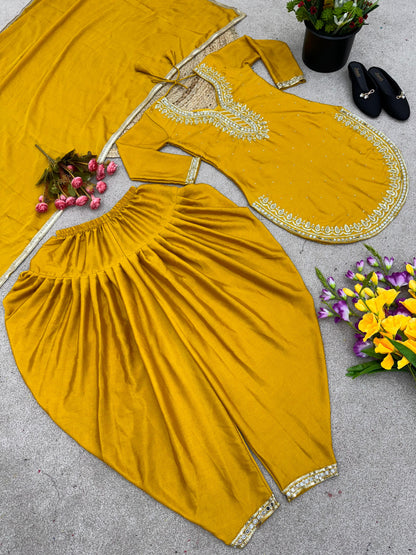 Fashionable Round Cut Yellow Color Dhoti Suit